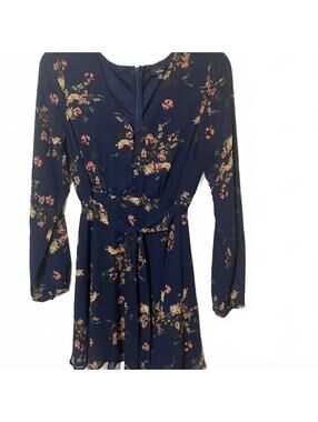 Lulus Navy Blue Floral Boho Chic Romantic Tie Waist Long Sleeved Dress Medium